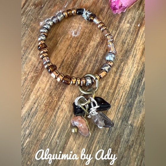 Alquimia Gold and Black Ring with Elegant Design obsidian Smokey quartz garnet - Picture 1 of 2
